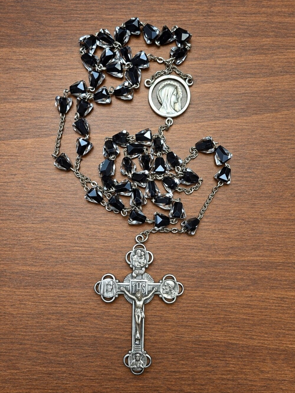 Vintage AFCO Sterling Silver Rosary Black Faceted Beads Ornate IHS Crucifix